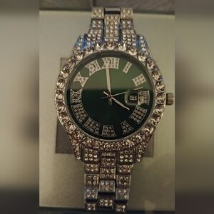 Silver and Green Crystal Iced Watch